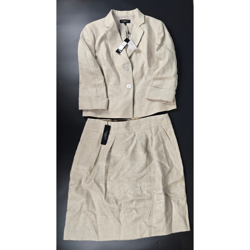 Talbots Women 10 Champagne Gold Metallic Linen Skirt Suit Set Pockets 3/4 sleeve